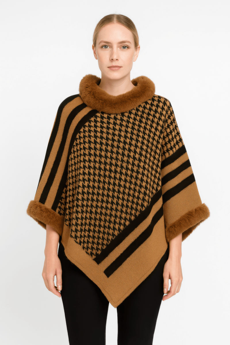 Women's Patterned Knit Poncho With Faux Fur Trim - AMVIM