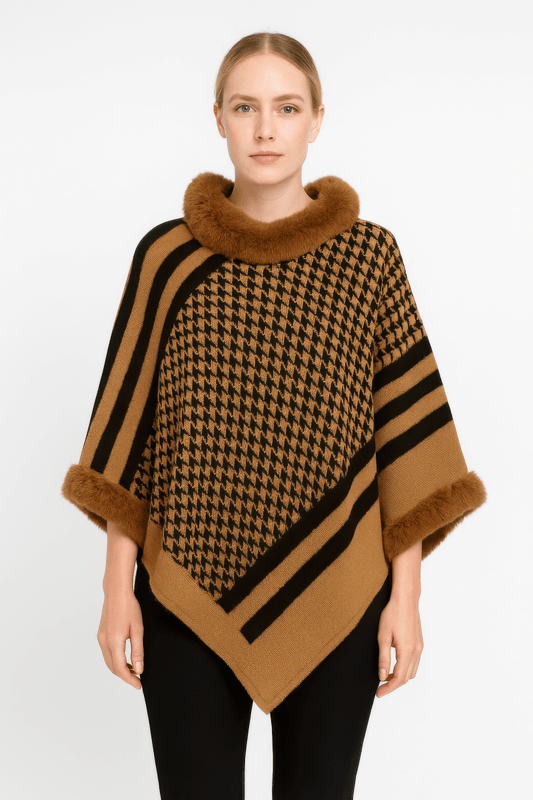 Women's Patterned Knit Poncho With Faux Fur Trim - AMVIM