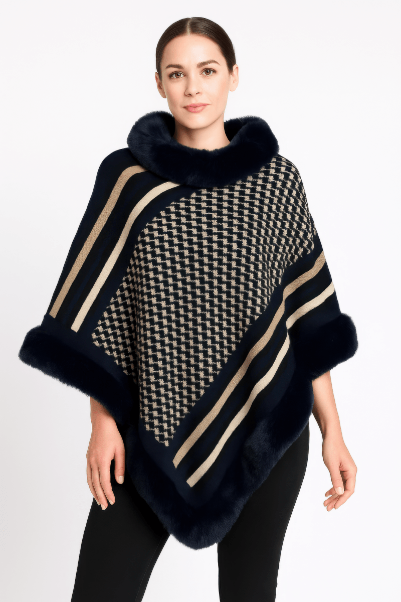Women's Patterned Knit Poncho With Faux Fur Trim - AMVIM