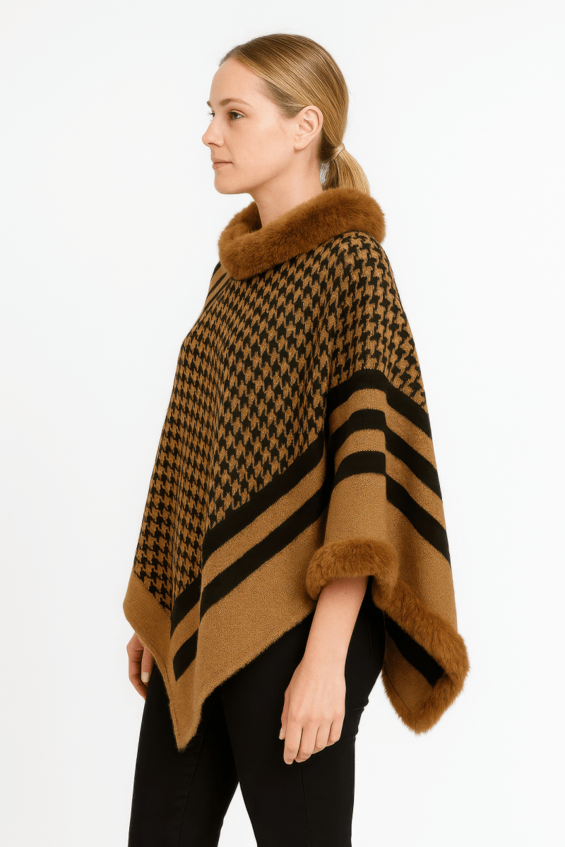 Women's Patterned Knit Poncho With Faux Fur Trim - AMVIM