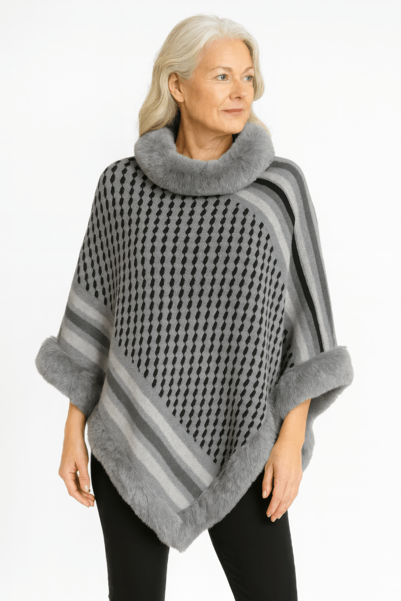 Women's Patterned Knit Poncho With Faux Fur Trim - AMVIM