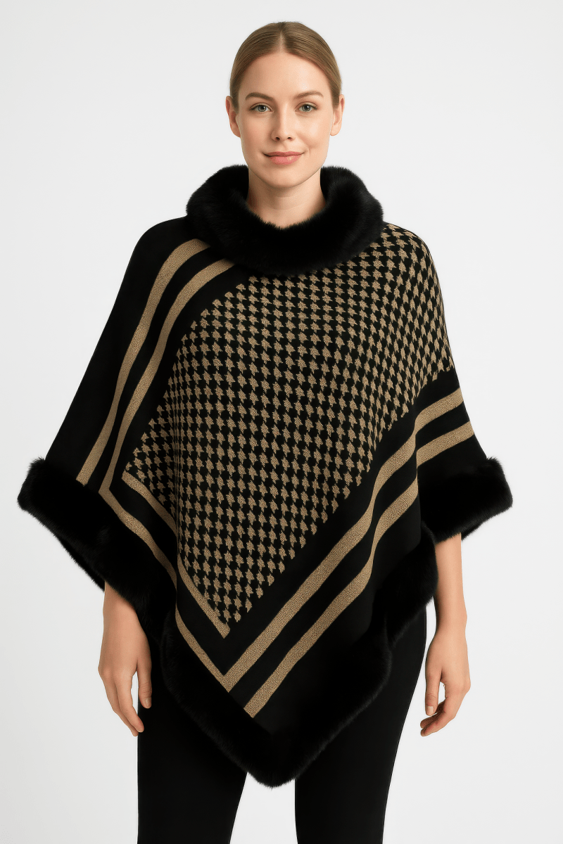 Women's Patterned Knit Poncho With Faux Fur Trim - AMVIM