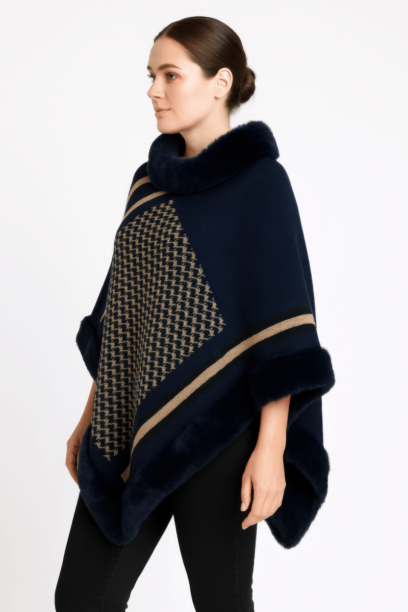 Women's Patterned Knit Poncho With Faux Fur Trim - AMVIM