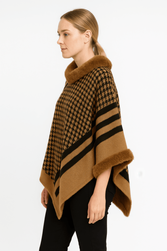 Women's Patterned Knit Poncho With Faux Fur Trim - AMVIM