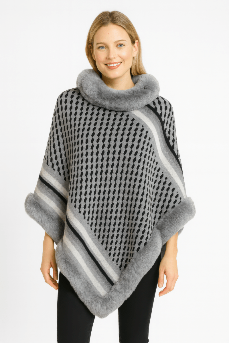 Women's Patterned Knit Poncho With Faux Fur Trim - AMVIM