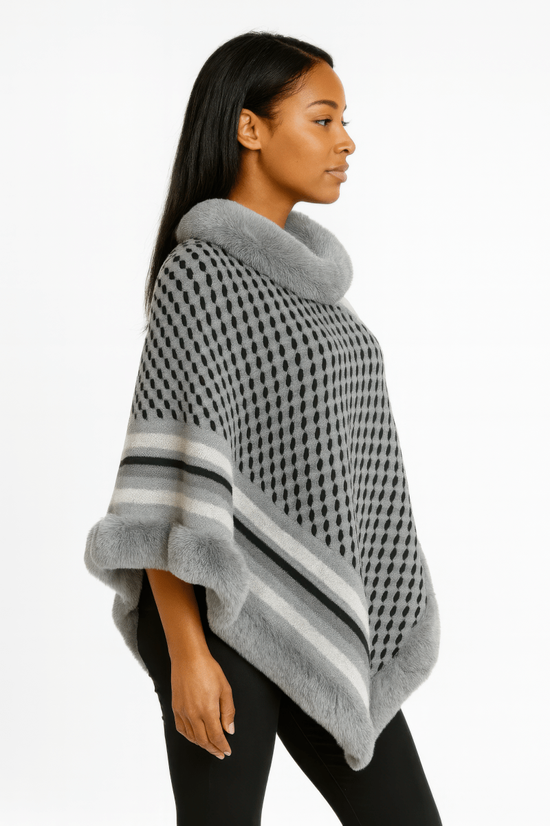 Women's Patterned Knit Poncho With Faux Fur Trim - AMVIM