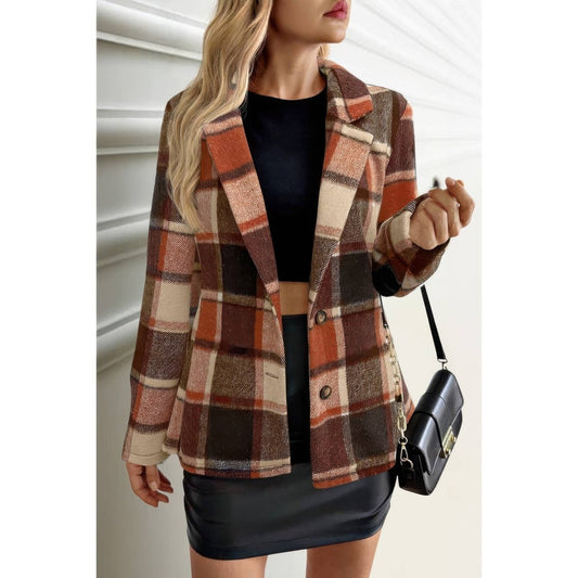 Women's Plaid Button Long Sleeve Lapel Collar Coat - AMVIM