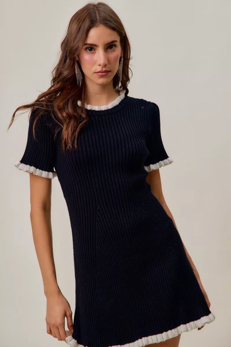 Women's Ruffled Sweater Knit Mini Dress with Unique Details - AMVIM