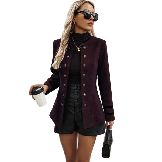 Women's Stand Collar Decorative Button Utility Jacket - AMVIM
