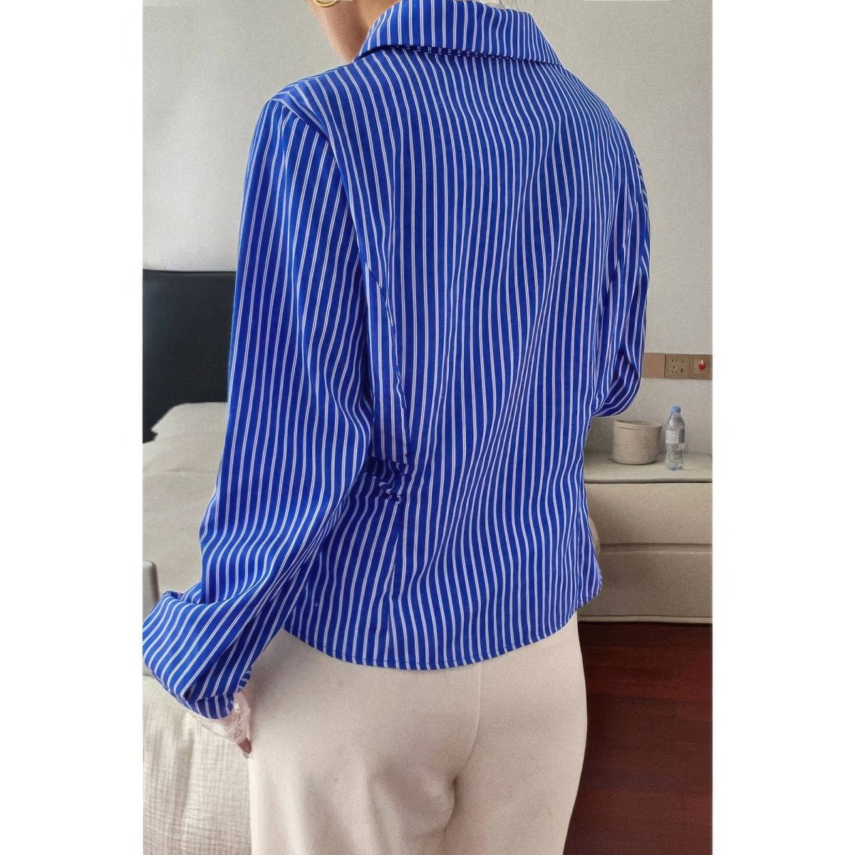 Women's Striped Lace Button Down Loose Fit Shirt - AMVIM