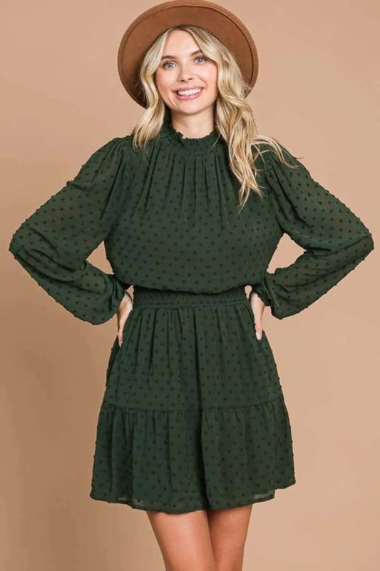 Women's Swiss Dot Smock Neck Mini Dress with Pockets - AMVIM