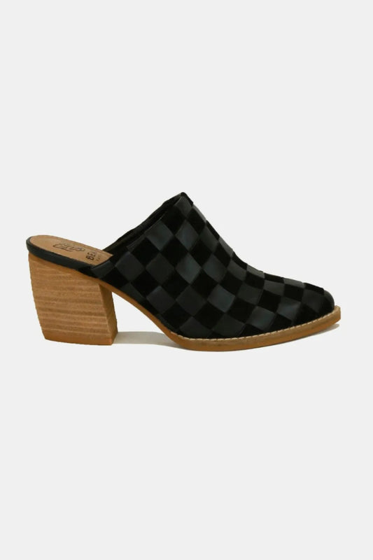 Woven Checkerboard Block Heel Mule Shoes – Mid Heel Comfort - AMVIM