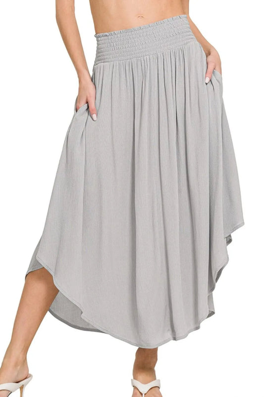 Woven Crinkle Smocked Waist Maxi Skirt with Pockets - AMVIM