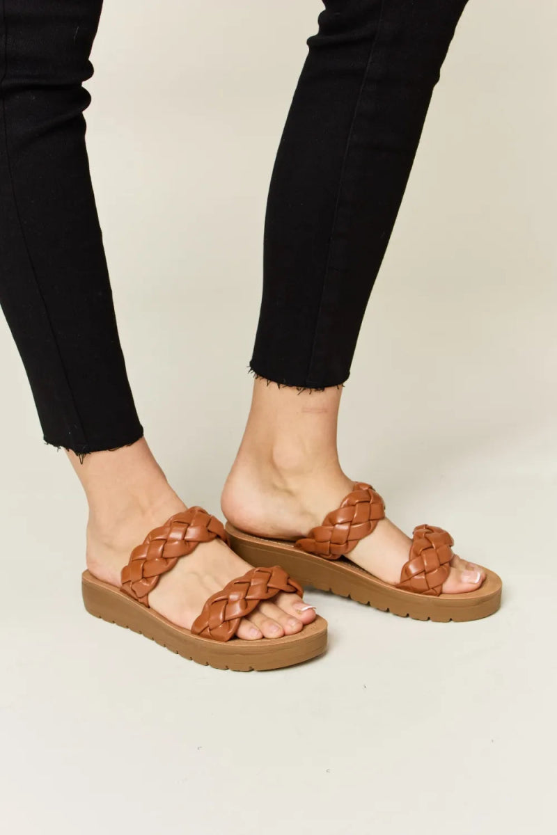 Woven dual band platform sandals for women – flat heel 1 inch - AMVIM