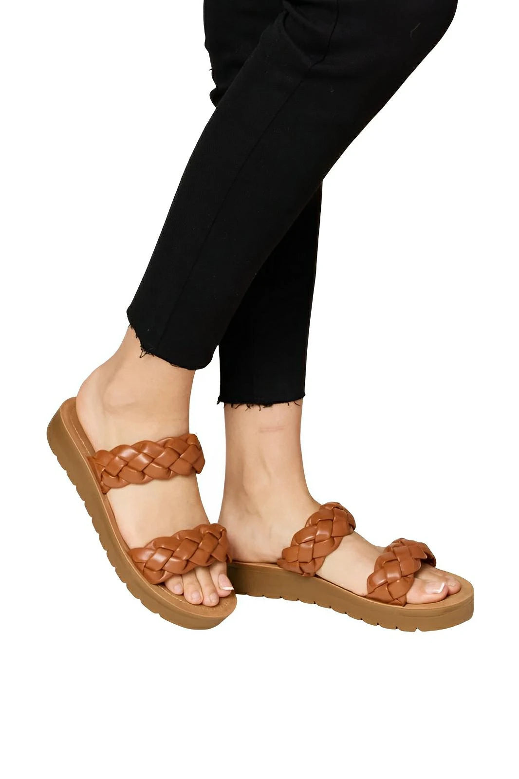 Woven dual band platform sandals for women – flat heel 1 inch - AMVIM