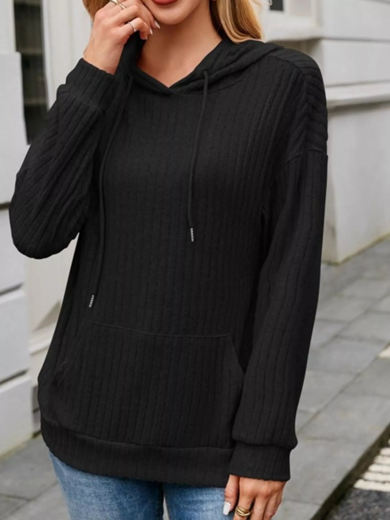 AMVIM - Ribbed Knit Hoodie Black Drawstring Pocketed 100% Polyester