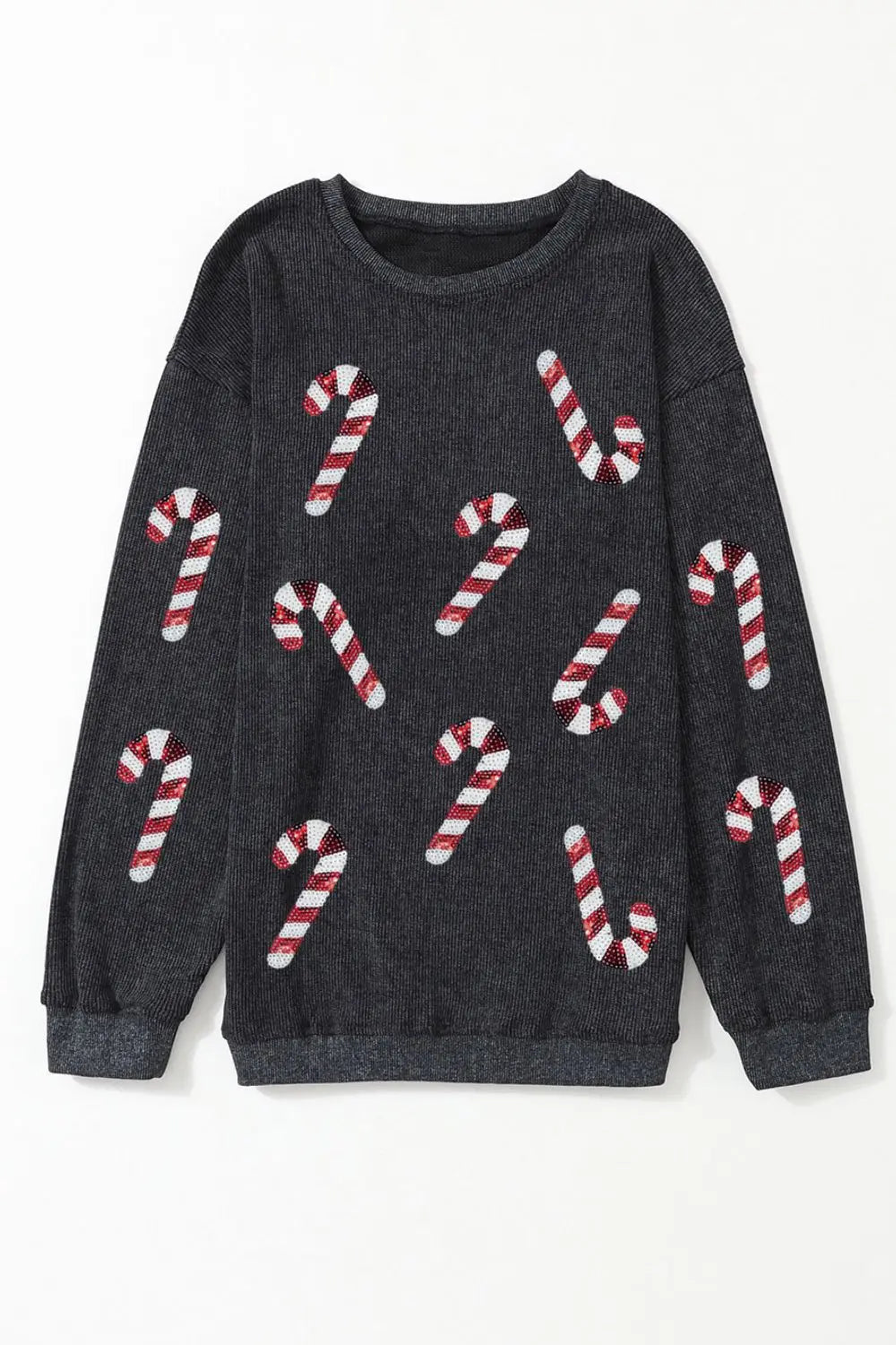 AMVIM - Sequin Round Neck Sweatshirt Red Candy Cane Design Polyester