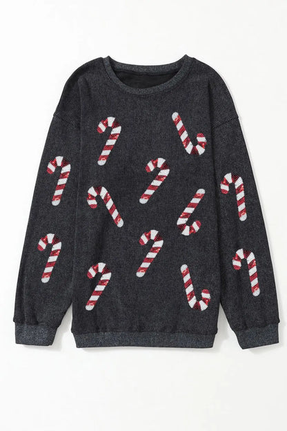 AMVIM - Sequin Round Neck Sweatshirt Red Candy Cane Design Polyester