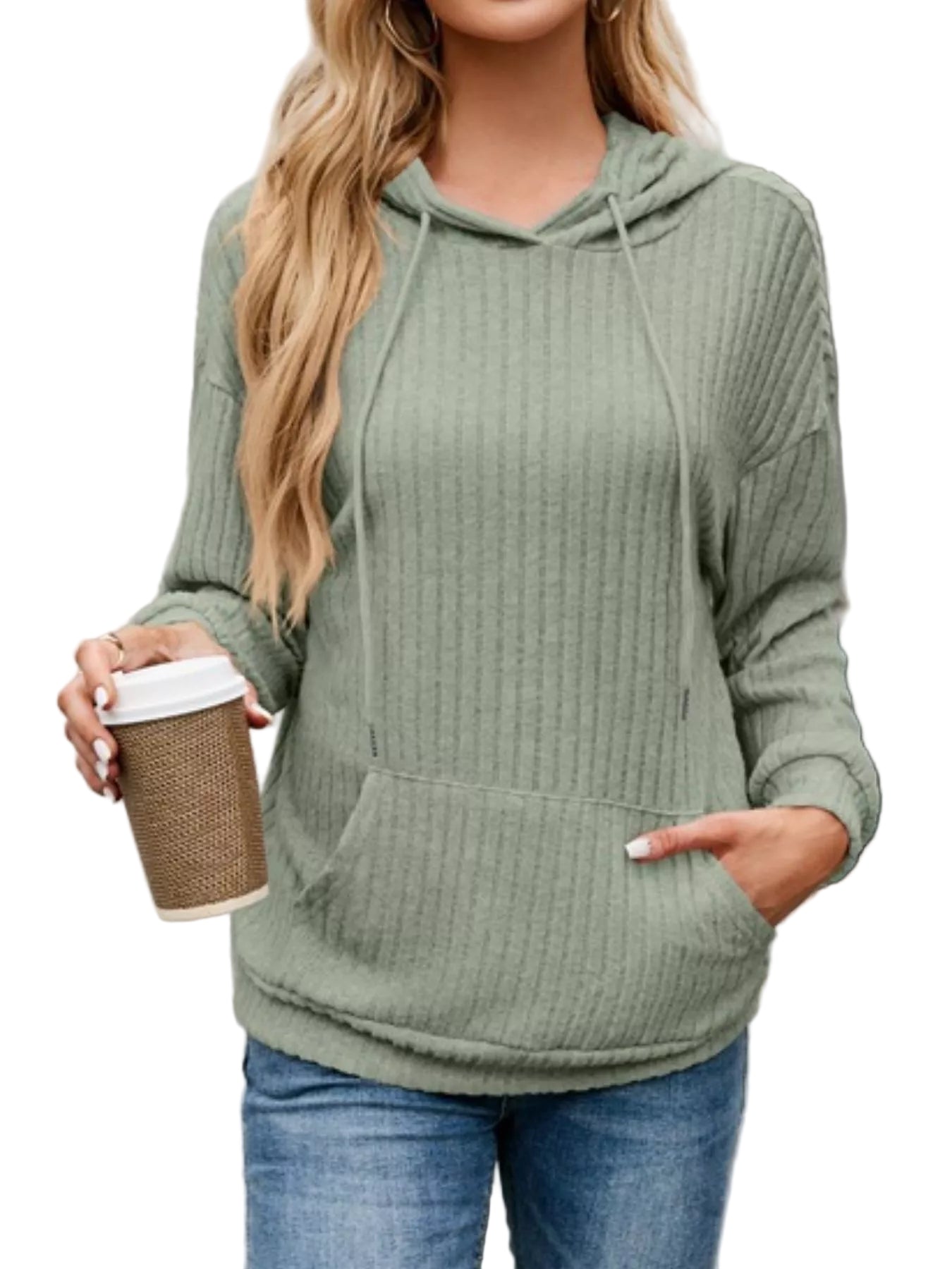 AMVIM - Ribbed Knit Hoodie Black Drawstring Pocketed 100% Polyester