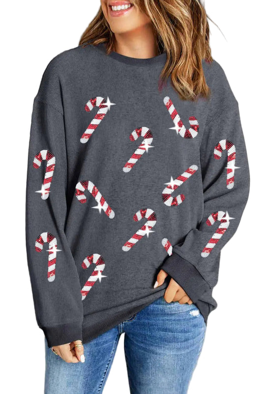 AMVIM - Sequin Round Neck Sweatshirt Red Candy Cane Design Polyester