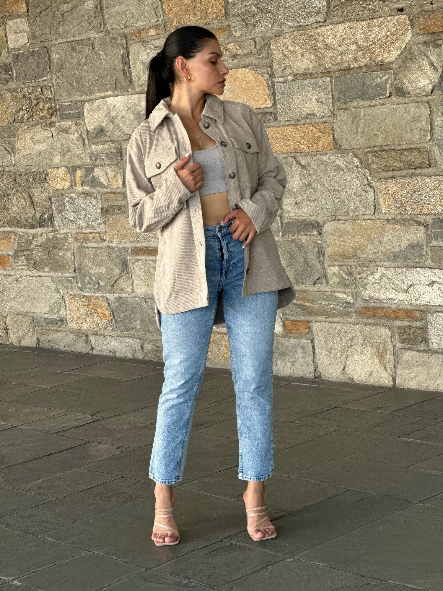 AMVIM - Oversized Corduroy Shacket Beige Button Down Utility Detail