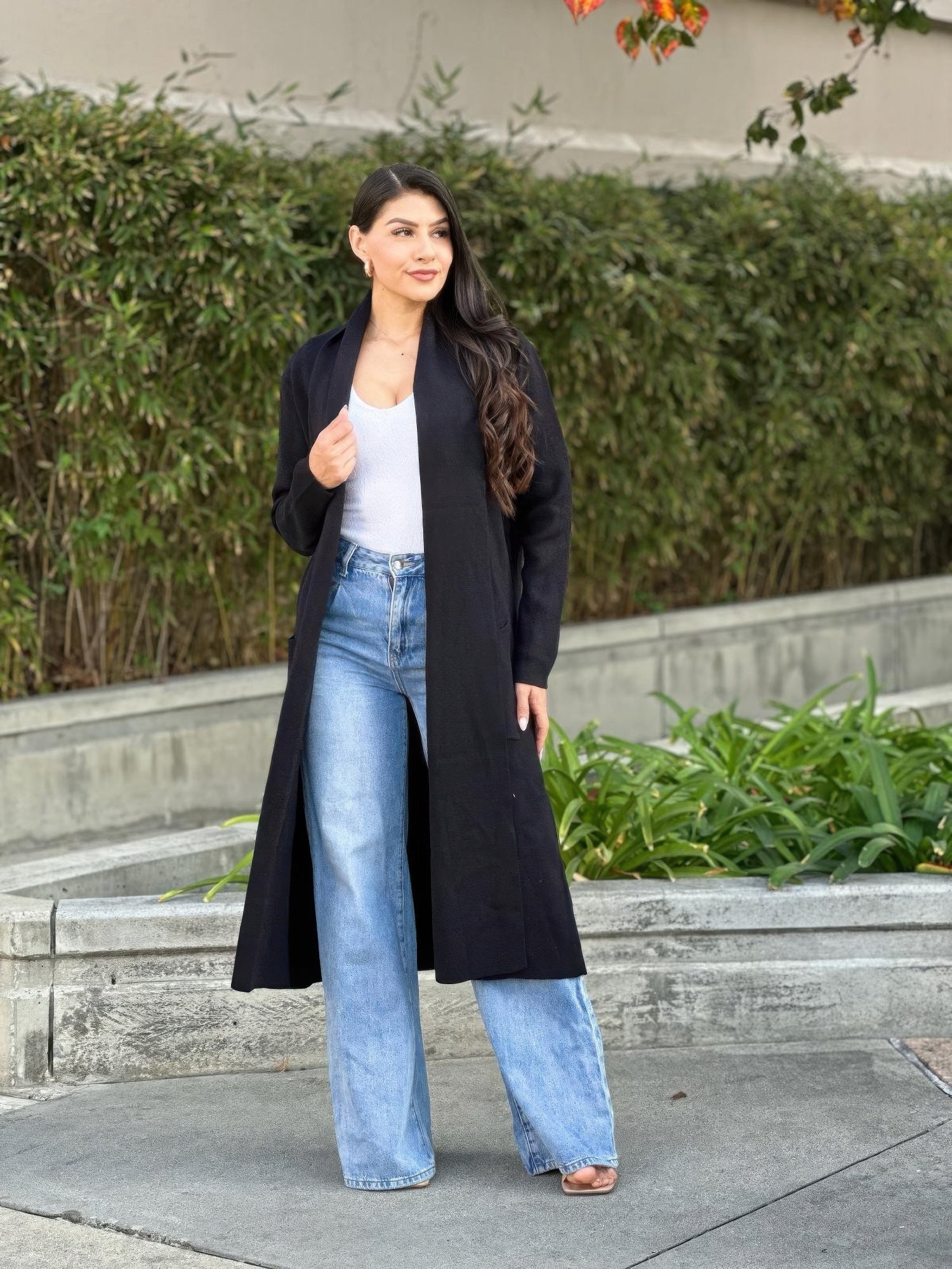 AMVIM - Fine Knit Midi Cardigan Black Pockets Lightweight Viscose Blend