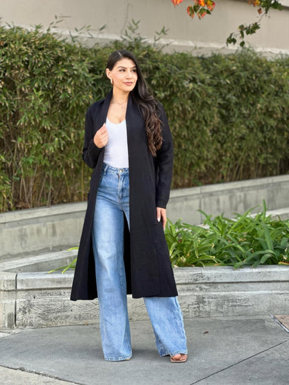 AMVIM - Fine Knit Midi Cardigan Black Pockets Lightweight Viscose Blend