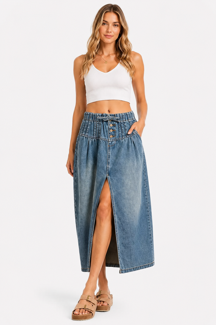 SO ME Pleated Washed Denim Skirt With Front Slit