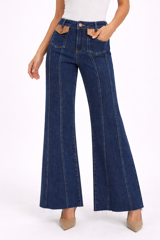 Women's High Rise Wide Flare Jeans with Leather Pocket Detail