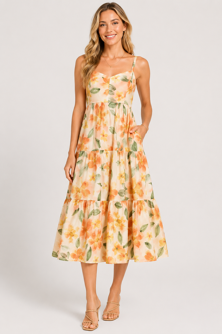 Floral Midi Dress with Smocked Back and Adjustable Straps