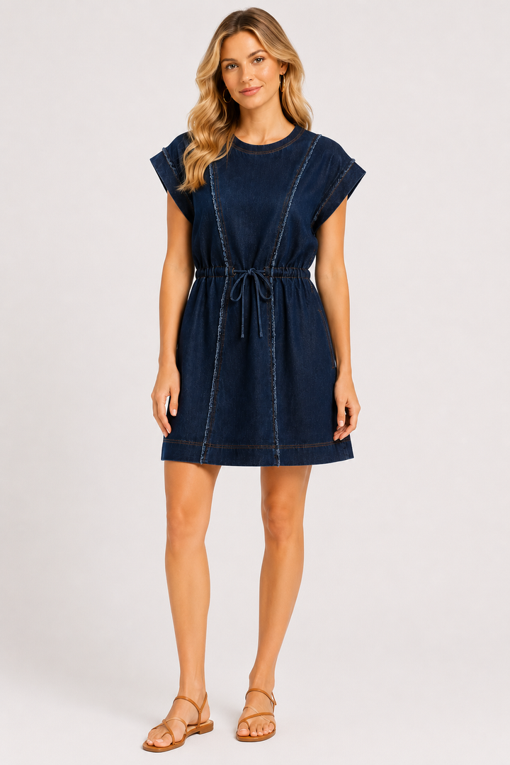 Frayed Denim Mini Dress with Drawstring Waist