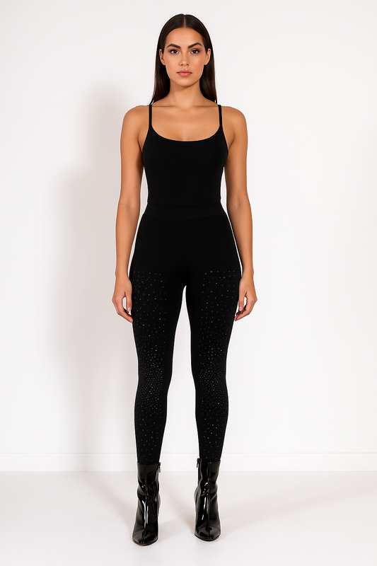 Leggings black high-waisted rhinestone party stretch fit