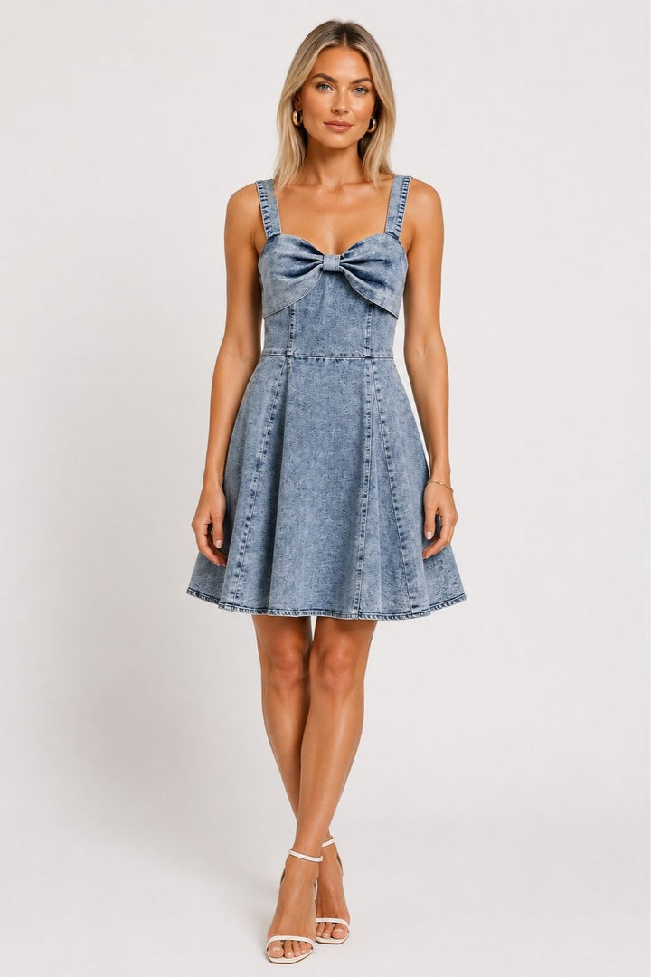 SO ME Mineral Washed Bow Ribbon Denim Flare Dress