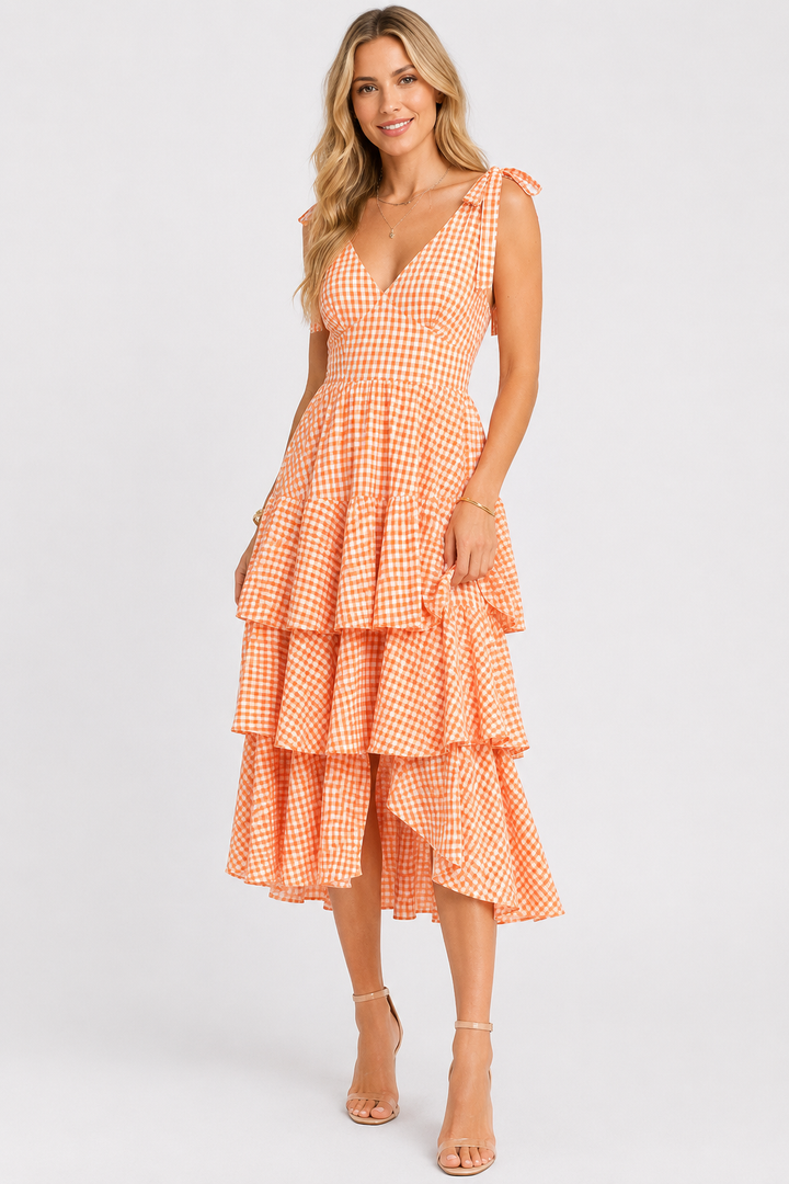 Sleeveless Gingham Tiered Midi Dress
