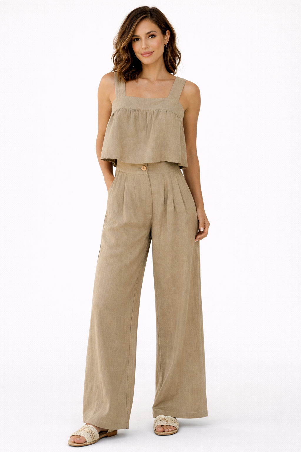 Square Neck Wide Strap Top and Pants Set - AMVIM | SKU: 100100068121011