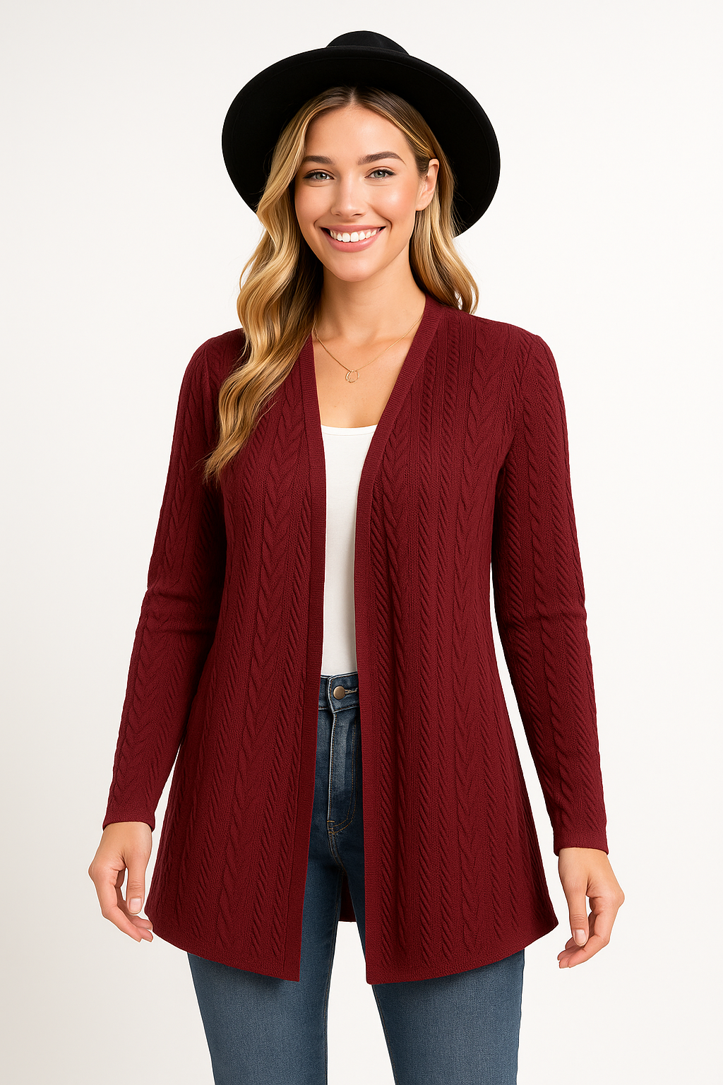 Textured Open Front Long Sleeve Cardigan