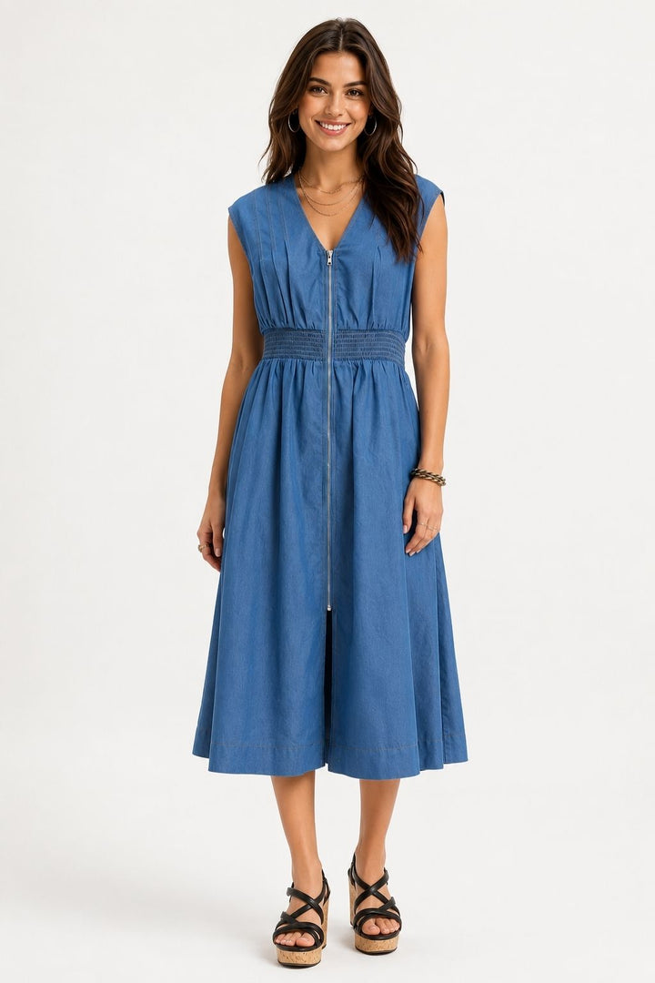 Umgee Denim Sleeveless Zip-Front Smocked Waist Midi Dress