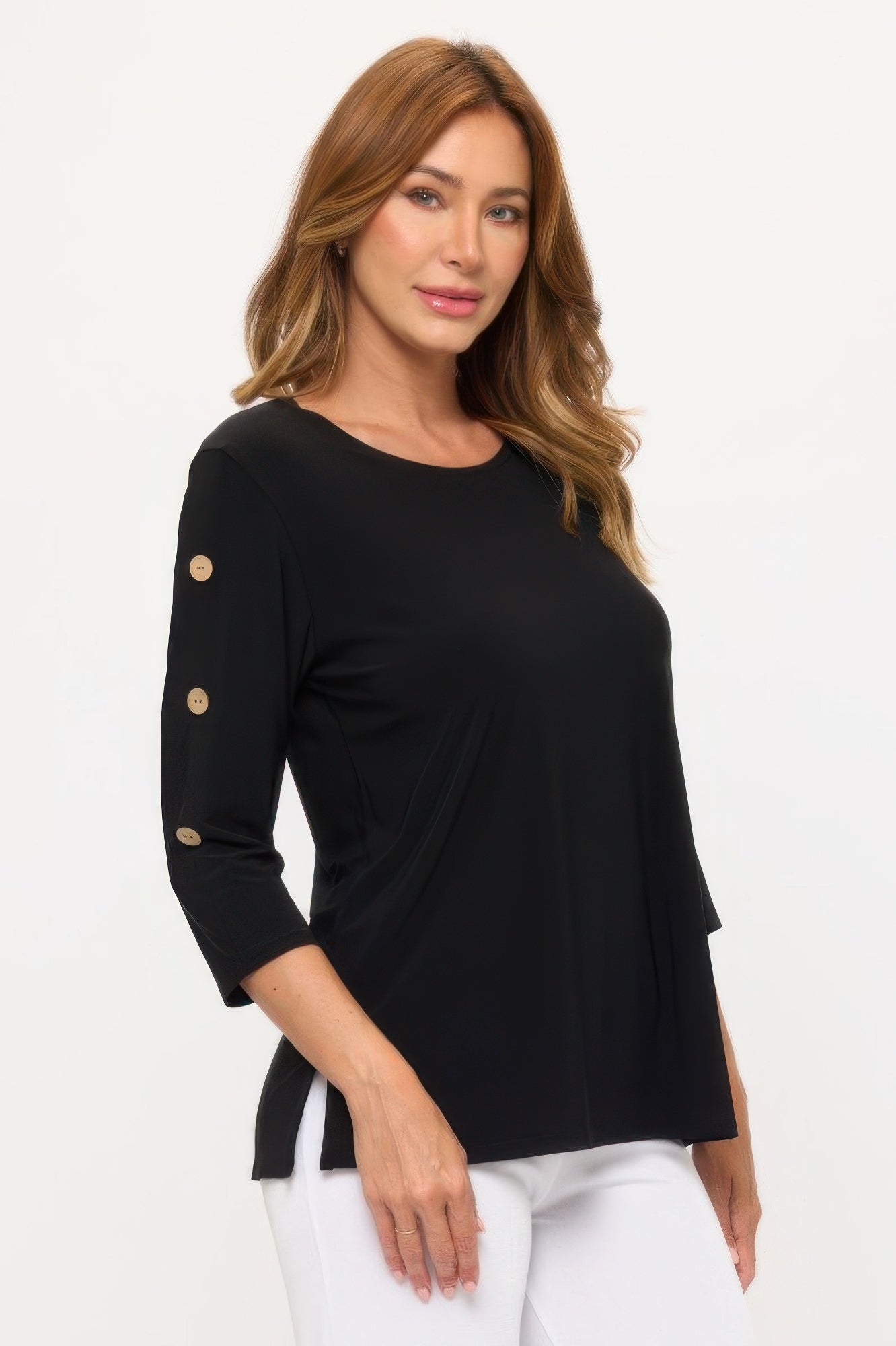 AMVIM - Women's Casual Button Sleeve Top with Round Neckline