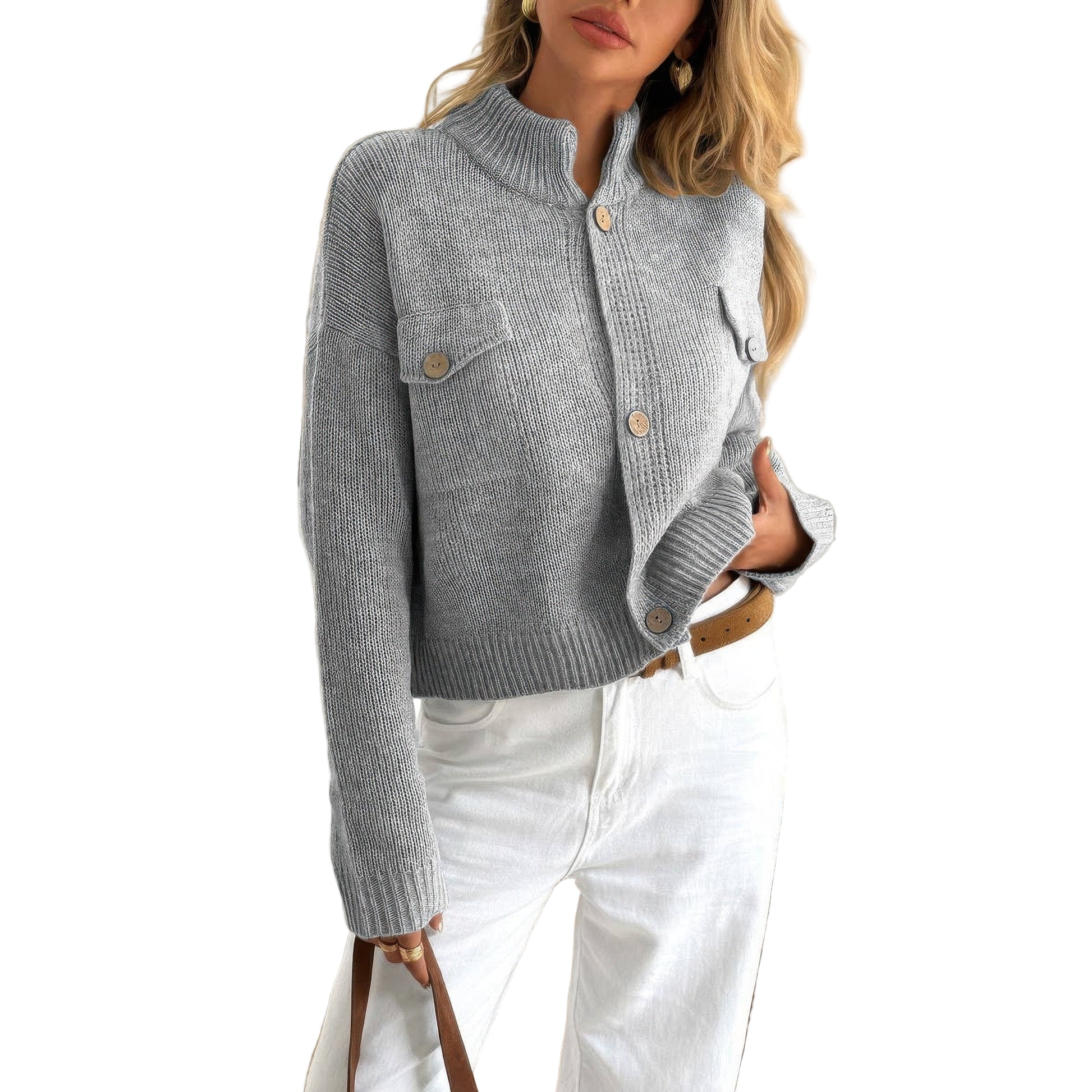 Button Down Long Sleeve Textured Knit Jacket - AMVIM