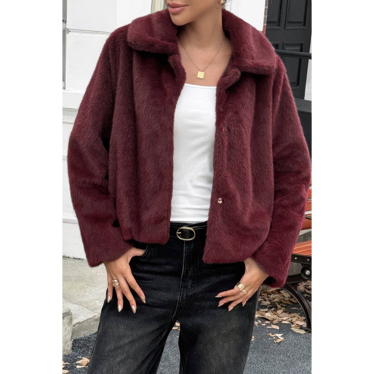 Solid Button Faux Fur Crop Jacket - AMVIM