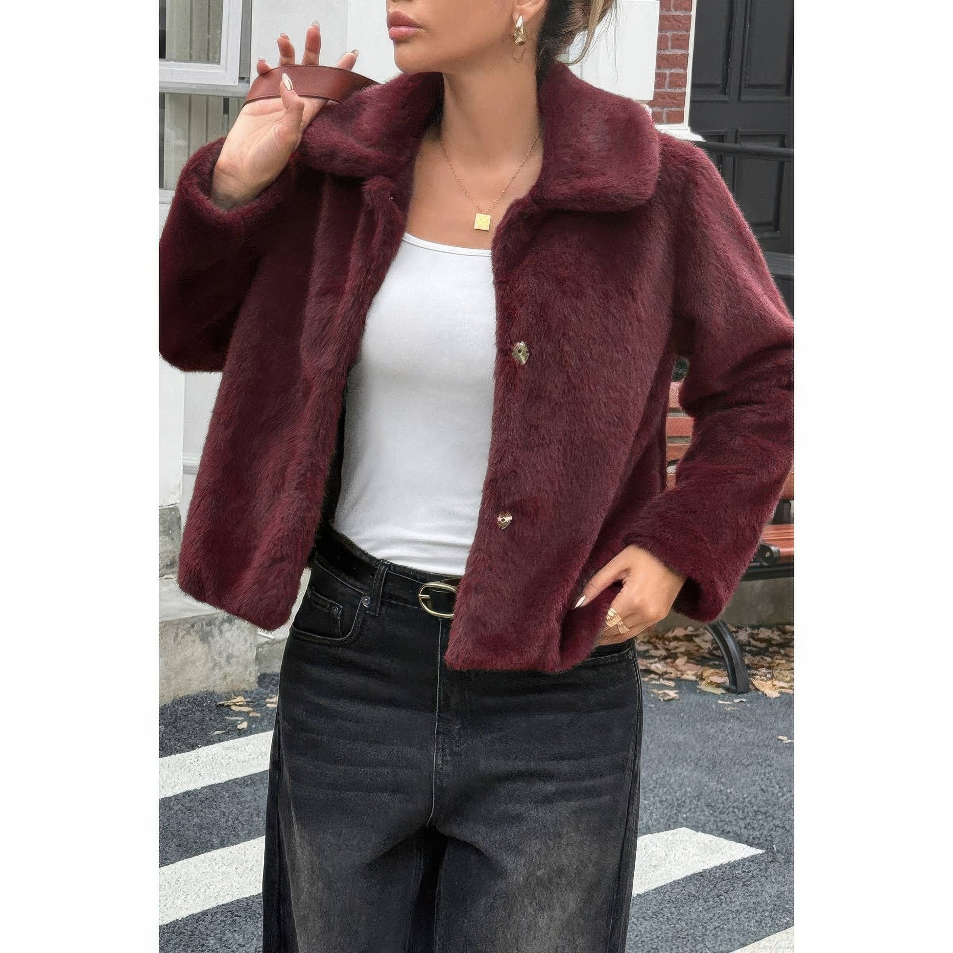Solid Button Faux Fur Crop Jacket - AMVIM