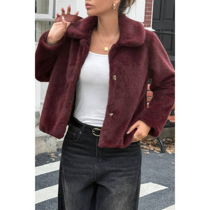 Solid Button Faux Fur Crop Jacket - AMVIM