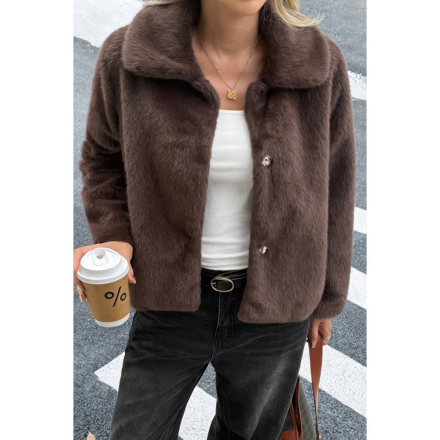 Solid Button Faux Fur Crop Jacket - AMVIM
