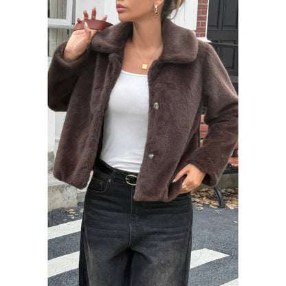 Solid Button Faux Fur Crop Jacket - AMVIM