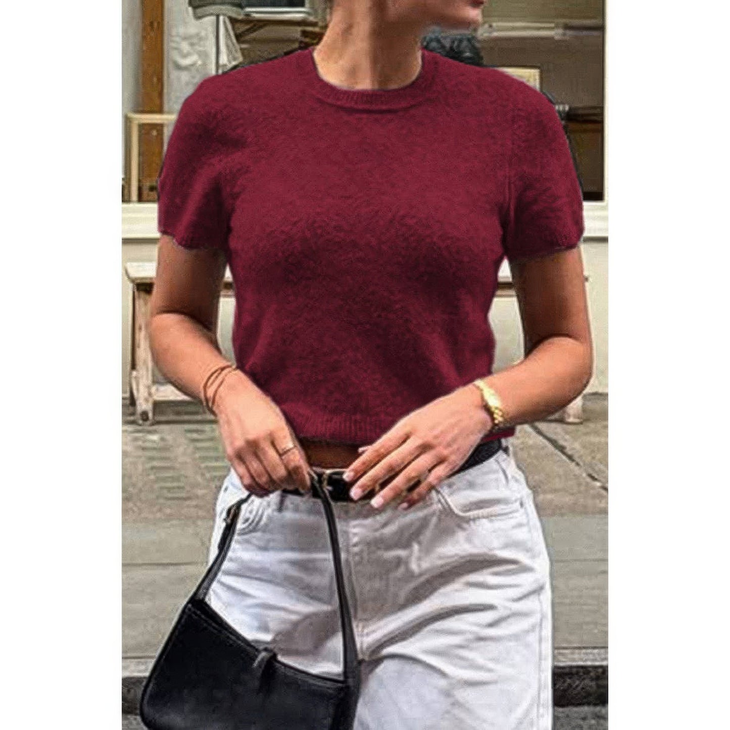 Solid Wool O Neck Knit Short Sleeve Shirt - AMVIM