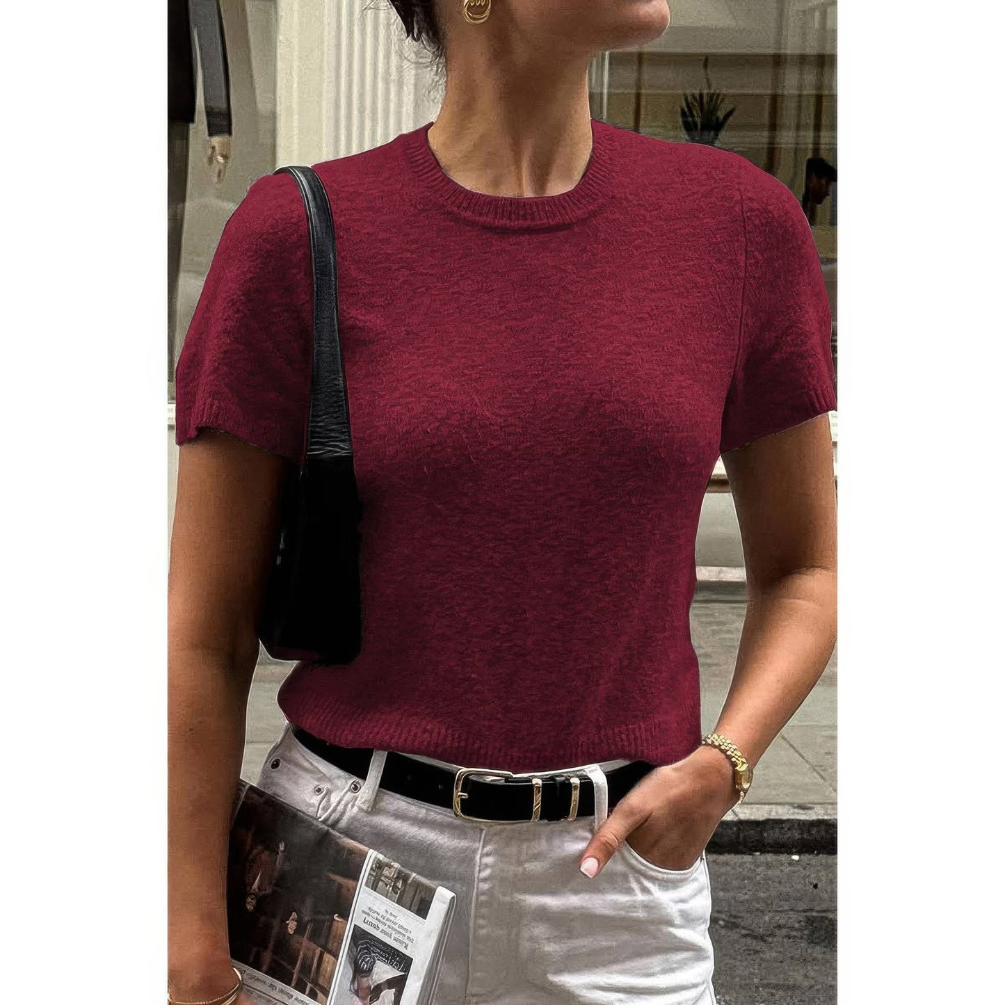 Solid Wool O Neck Knit Short Sleeve Shirt - AMVIM