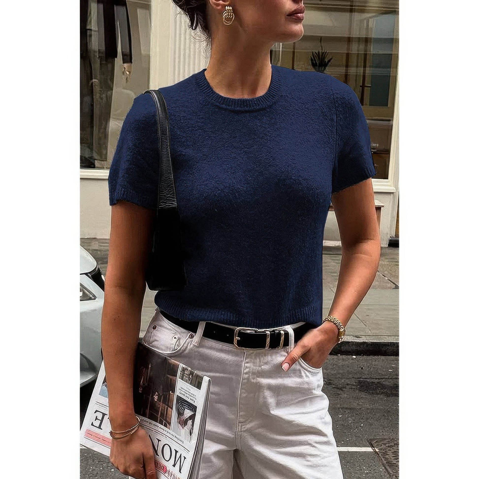 Solid Wool O Neck Knit Short Sleeve Shirt - AMVIM