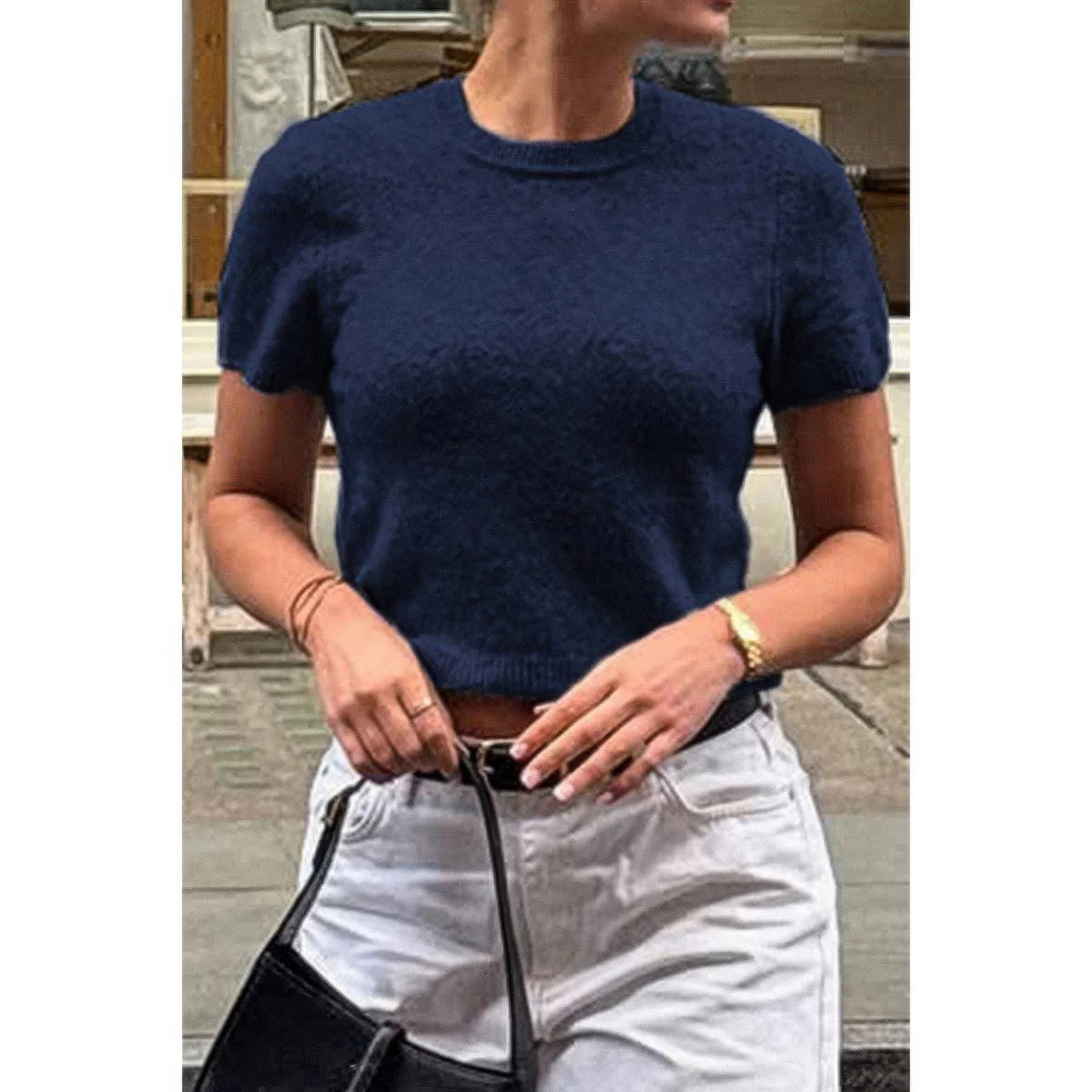 Solid Wool O Neck Knit Short Sleeve Shirt - AMVIM