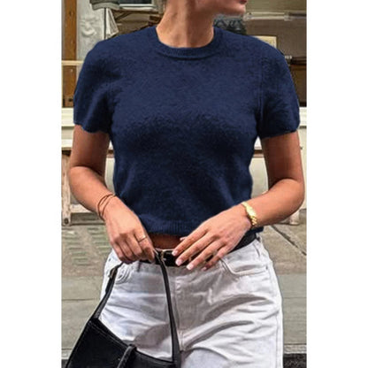 Solid Wool O Neck Knit Short Sleeve Shirt - AMVIM