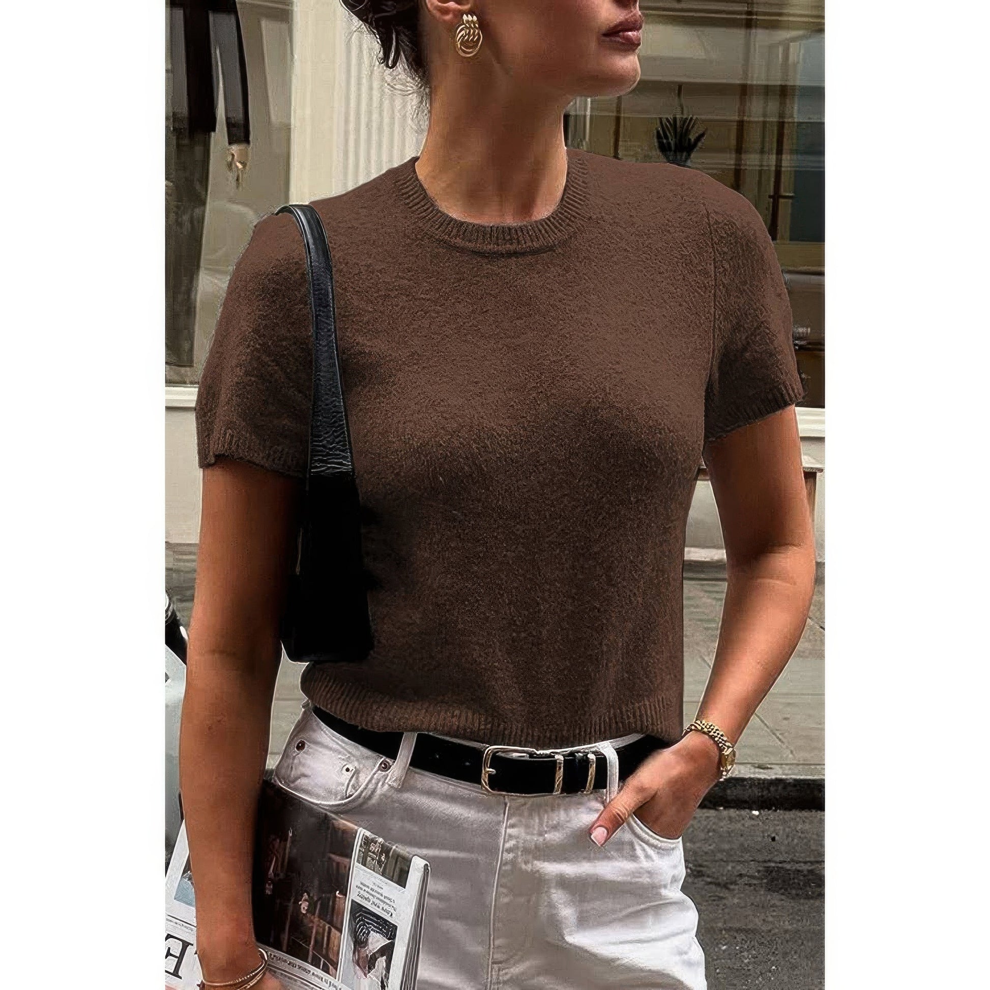 Solid Wool O Neck Knit Short Sleeve Shirt - AMVIM